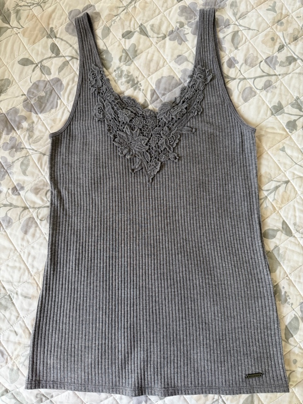 Hollister Gray Ribbed Tank with Lace V-Neck